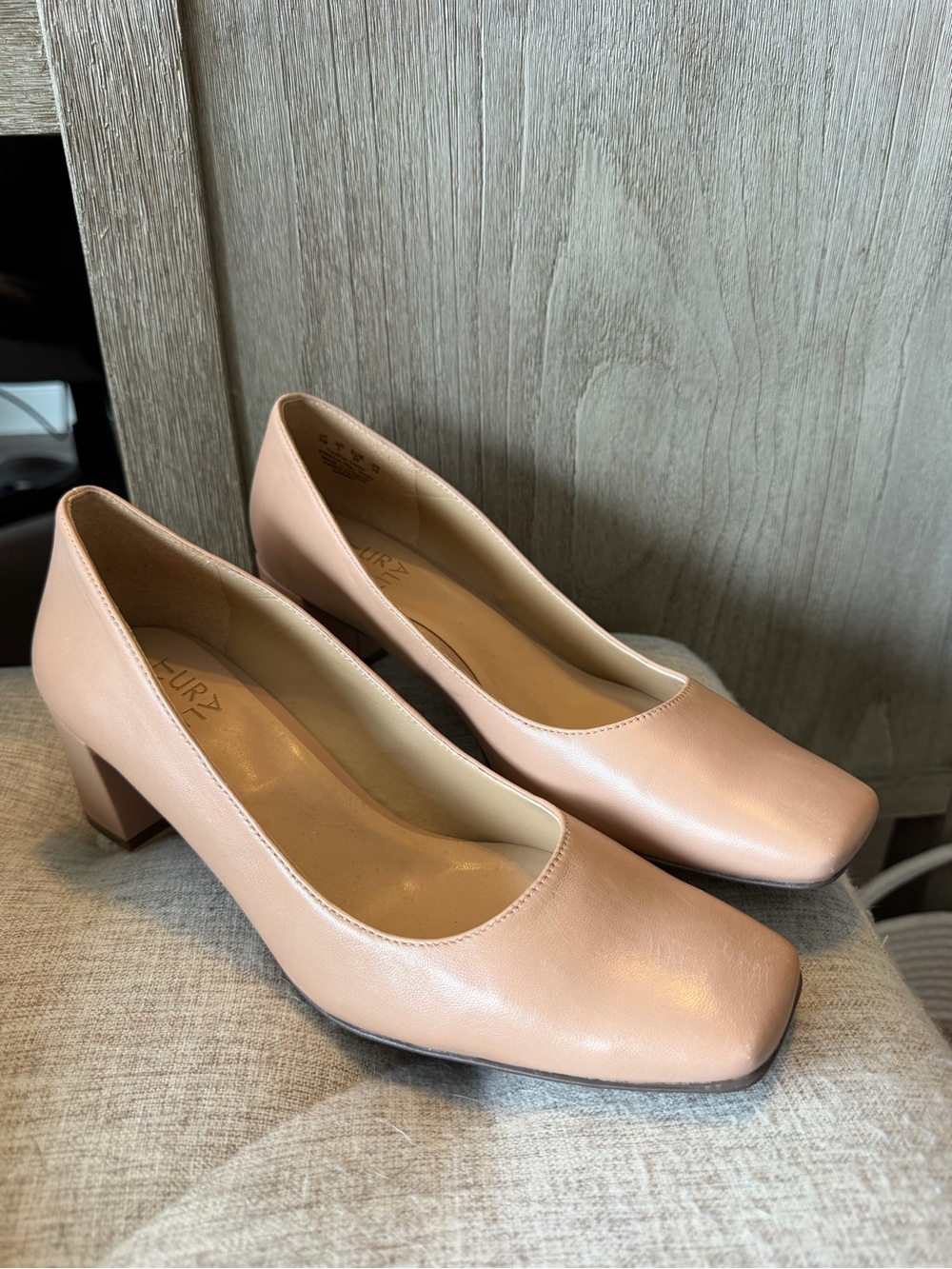 Naturalizer Warner Square Toe Block Heel Pumps Beige